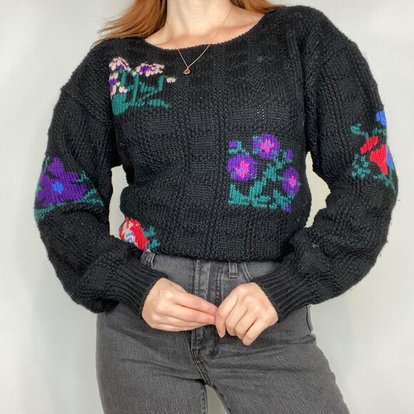 Vintage Kenneth Gordon Oversized Medium 100% Wool Floral Print Boatneck Sweater - Picture 5 of 8